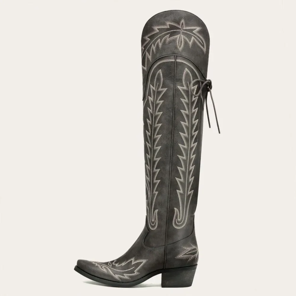 REDTOP The Ross Grey Over-the-Knee Wide Calf Cowgirl Boots Back Tie & Embroidery